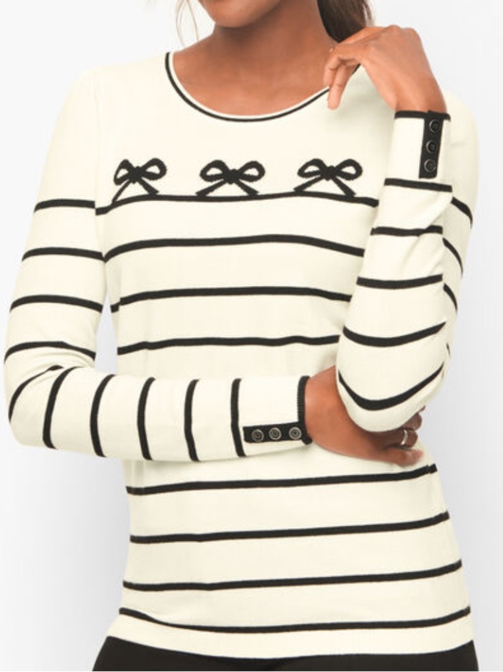Talbots Puff Sleeve Crewneck Sweater - Bows Stripe.  Woman’s XL